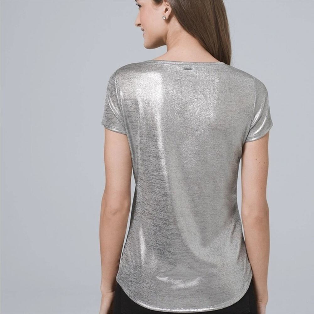 NWOT White House Black Market Silver Metallic V Neck T Shirt S - Picture 2 of 9